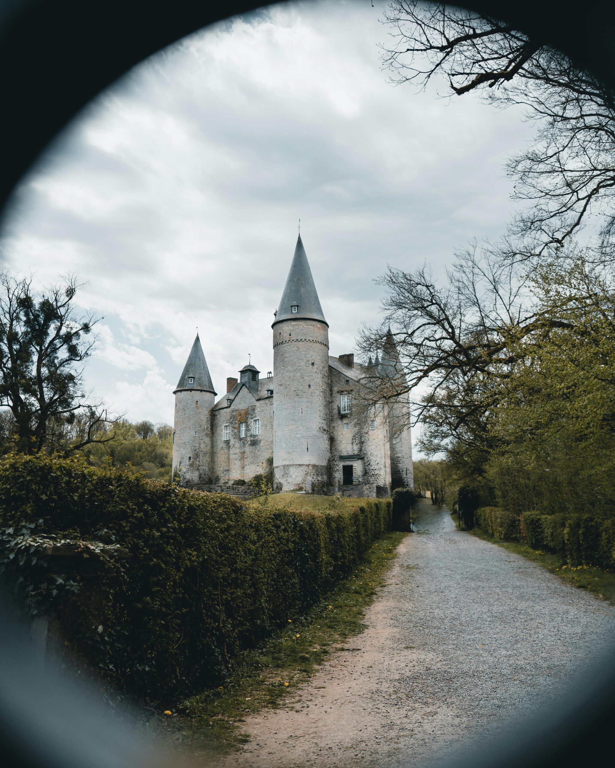 Majestic Gothic castle surrounded by lush greenery in Houyet. Captured in a romantic spring setting.